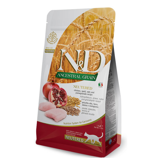 Farmina N&D Ancestral Grain Neutered Ξηρά Τροφή με Λίγα Σιτηρά για Ενήλικες Στειρωμένες Γάτες με Κοτόπουλο / Ρόδι 5kg